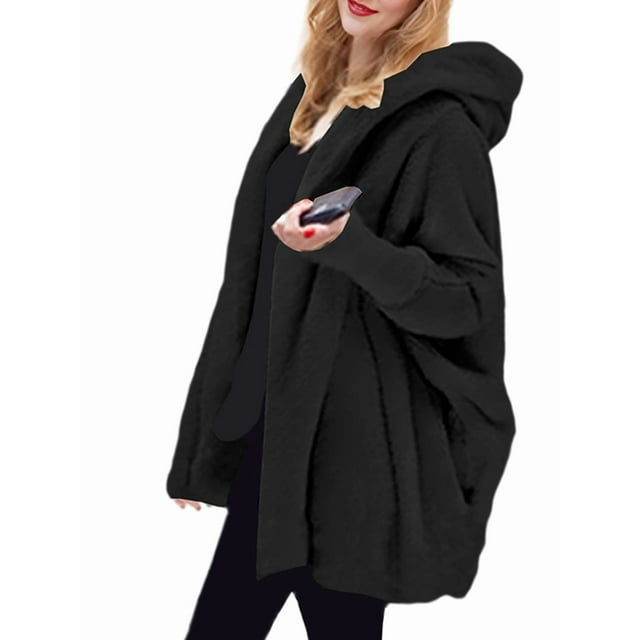 Veste à Capuche Unie à Manches Longues Col en V pour Femmes, Décontractée, Ample, Sans Boutons, Noire TTG