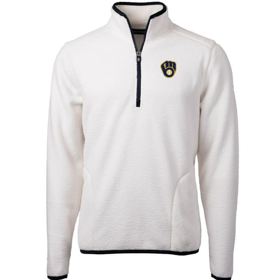 Men's Cutter & Buck White/Navy Milwaukee Brewers Cascade Eco Sherpa Fleece Quarter-Zip Pullover Jacket