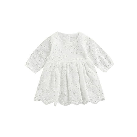 

Chollius Newborn Baby Girl Summer Clothes Solid Color Lace Dress Hollow Out Button Flare Long Sleeve Solid Color Short Sundress
