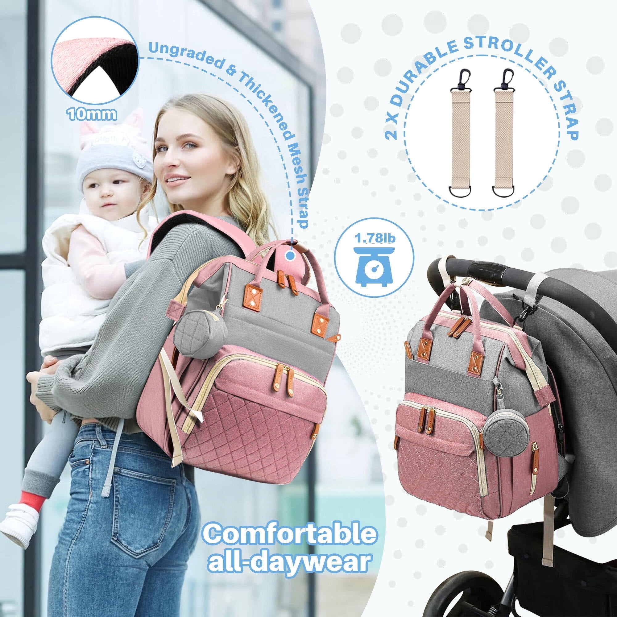 Morfone Baby Diaper Bag Backpack, Multifunction Waterproof Baby Bag with USB Charging Port, Stroller Straps & Pacifier Case Unisex, Pink