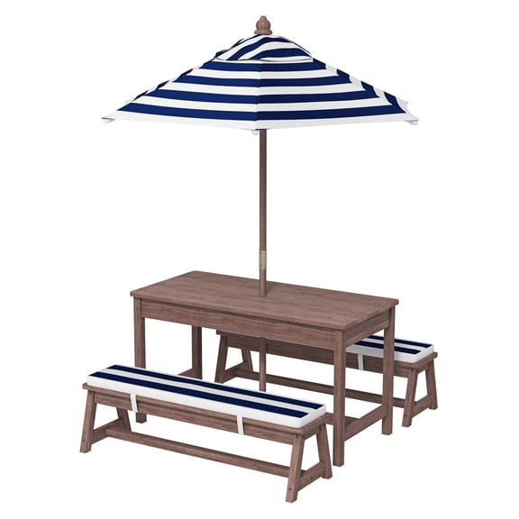 Kids Picnic Table with Umbrella, Outdoor Wooden Table & Bench Set with Cushions - Navy Blue, Patio Garden Furniture for 4 Children Ages 3-6