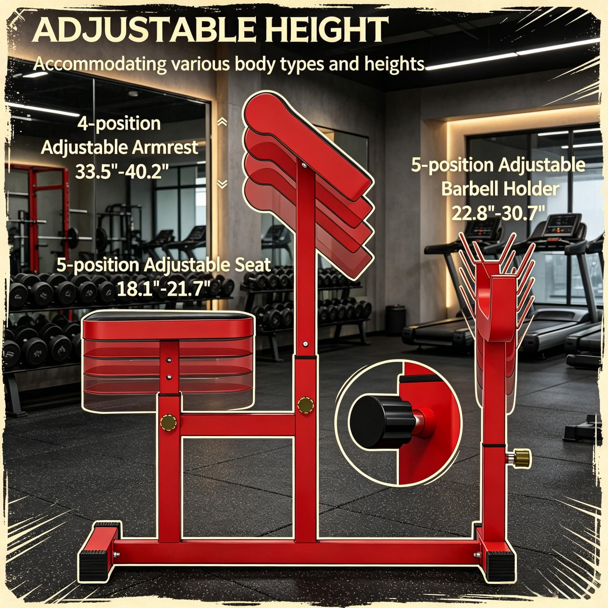265 LBS Preacher Curl Bench, Adjustable Seated Arm Isolated Barbell Dumbbell Bicep Station for Strength Training, Red
