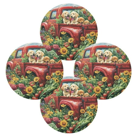 

WOBOGO Vegetable Truck Round Placemats Set of 4 Heat Resistant Washable Kitchen Table Decorations 15.4in