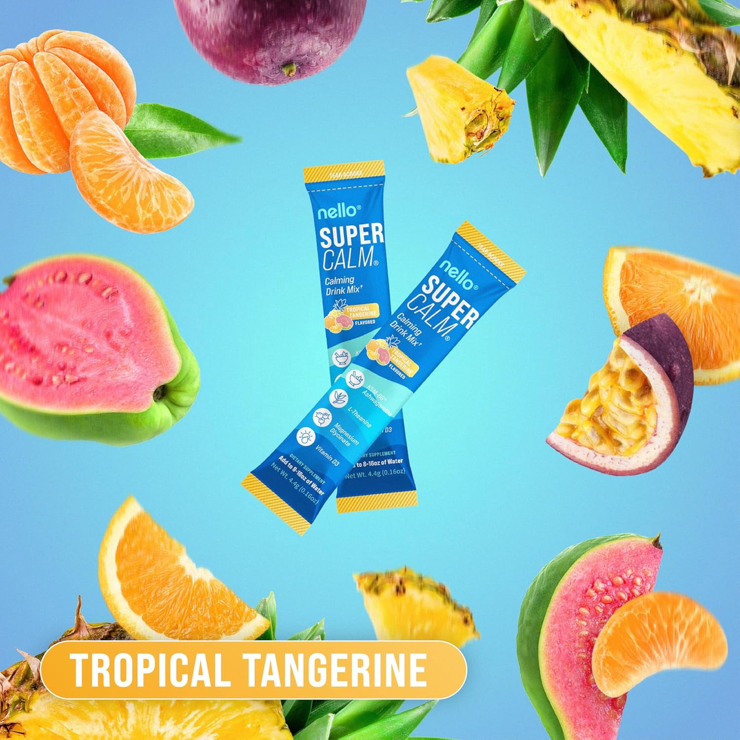 Nello Supercalm Drink Mix - Ashwagandha KSM 66, Magnesium Glycinate & L-Theanine Supplement - Ashwagandha Root Extract - Focus and Relaxation Support (20 Travel Packets) - Tropical Tangerine