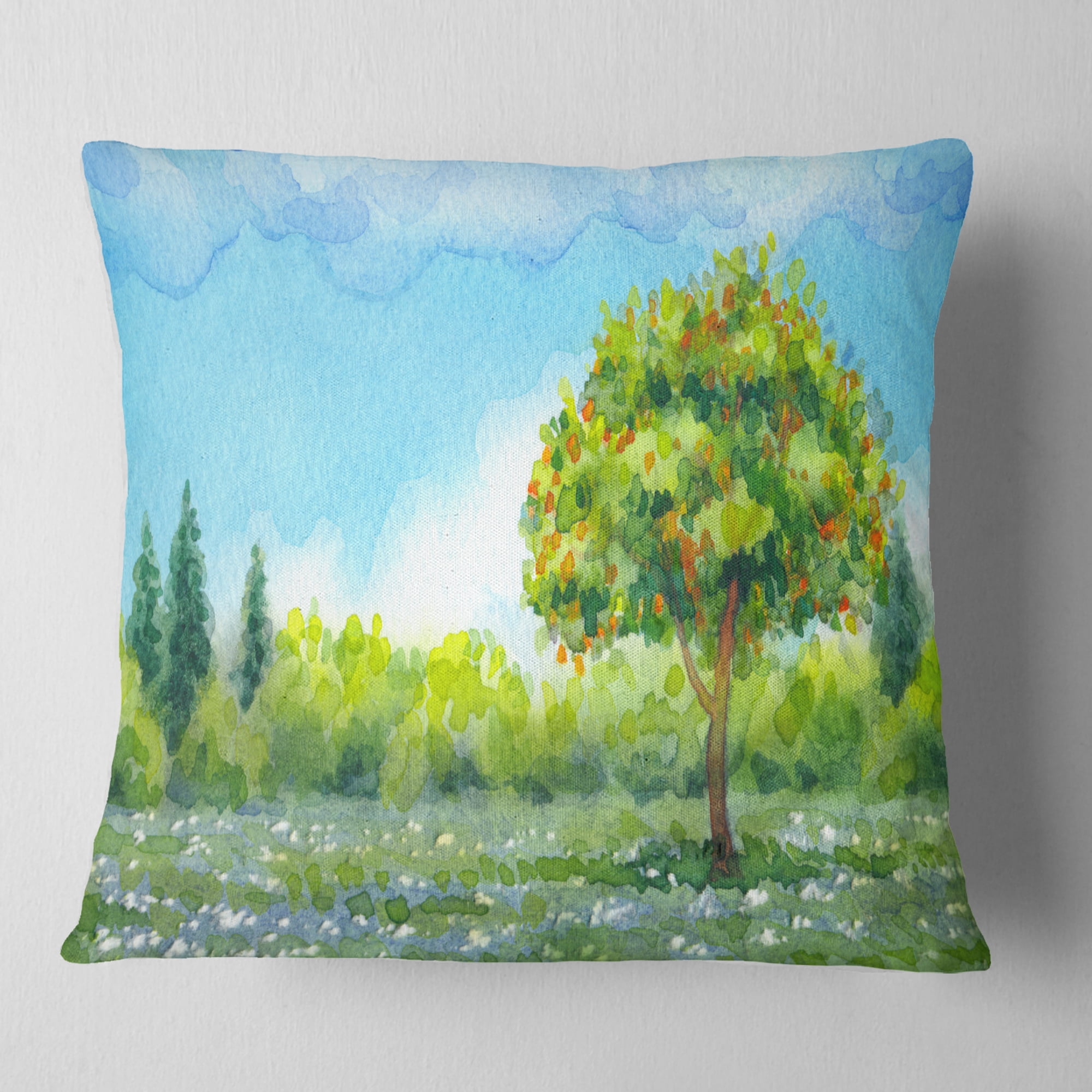 Designart Tree in Spring - Watercolor Painting Landscape Printed Throw Pillow - 16x16