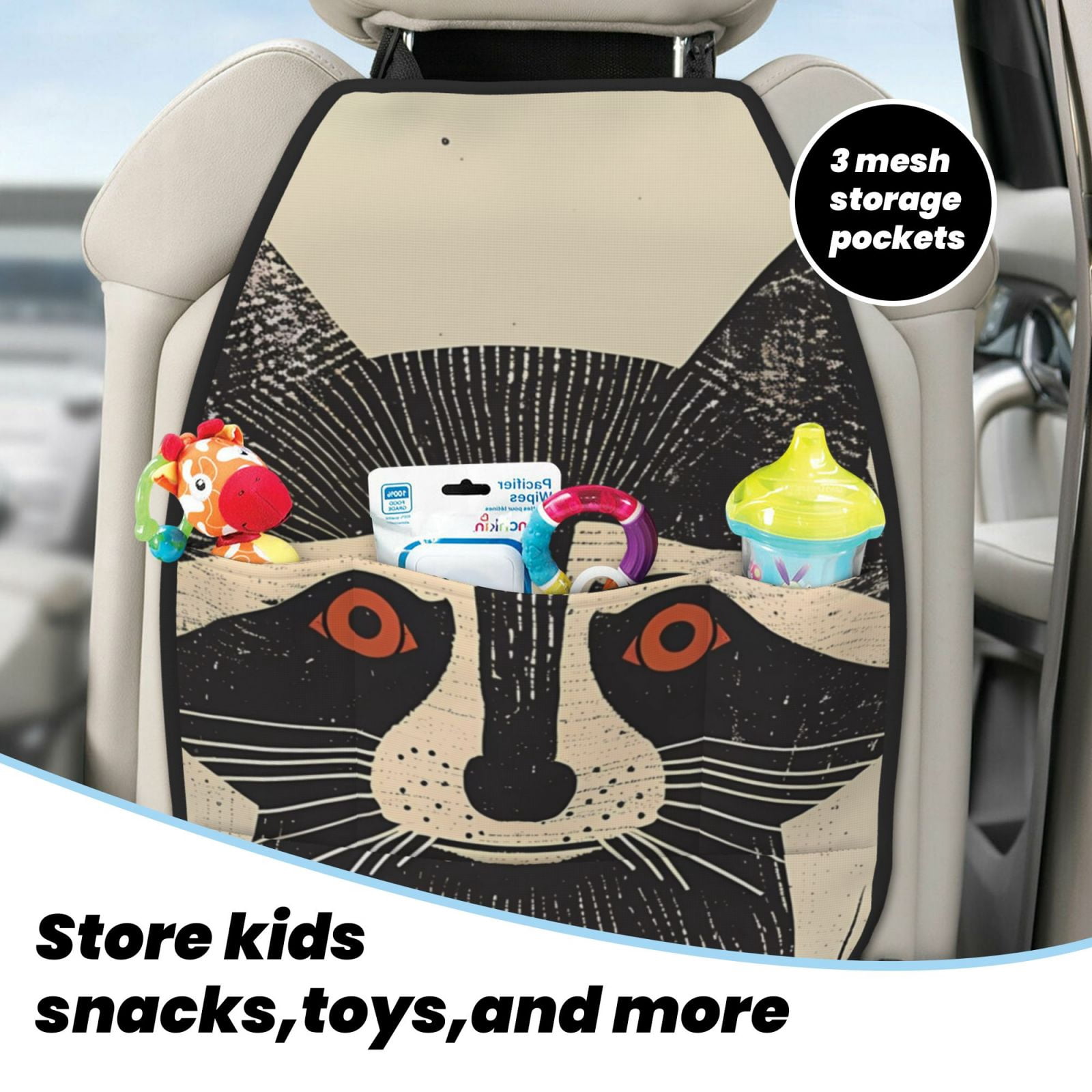Xecao Retro Raccoon Graphic Print Pattern Car Seat Back Protector 2 Pack Large Capacity Pocket, Kick Mats Back Seat Protector