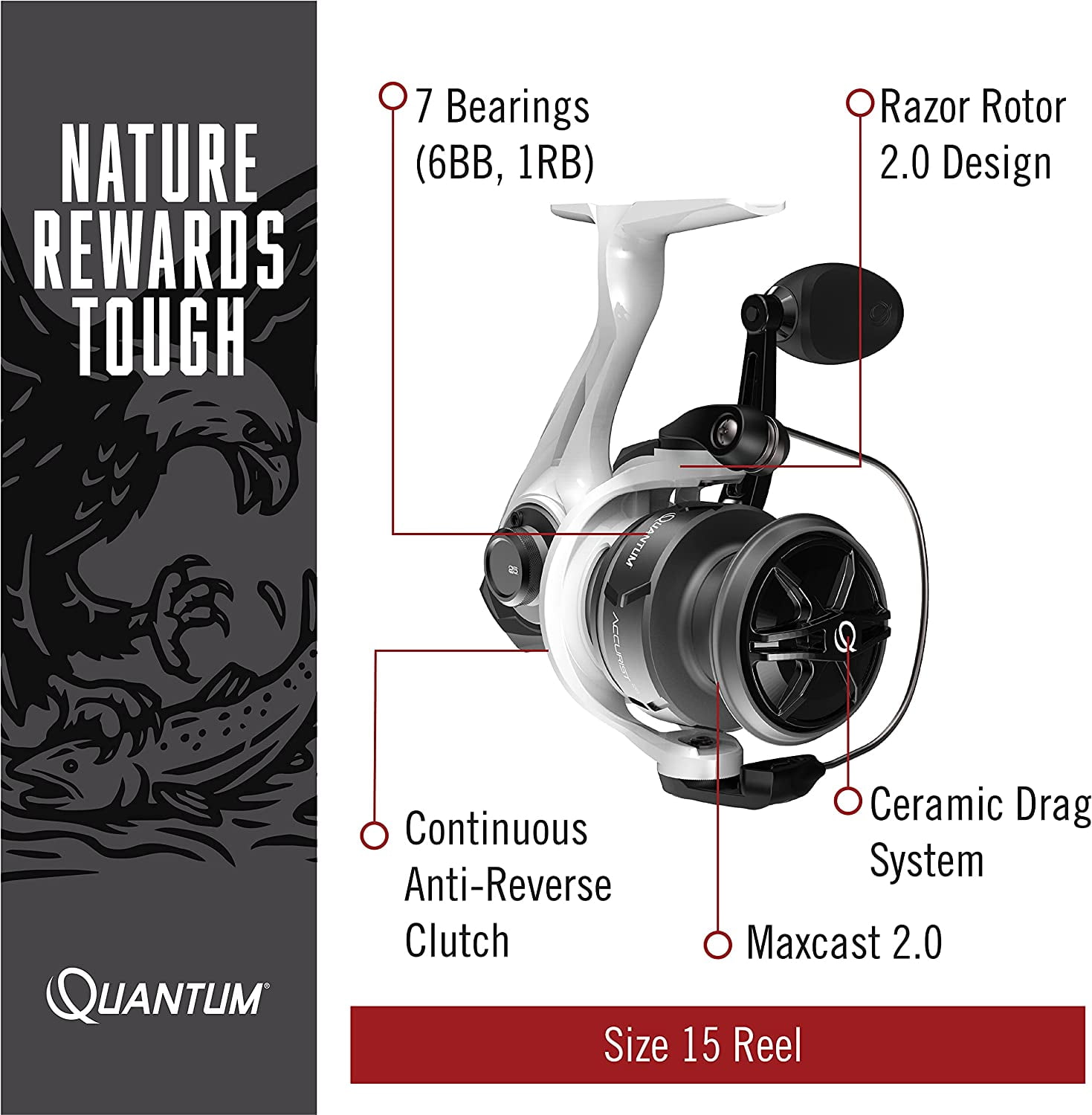 Quantum Accurist Spinning Fishing Reel, Size 25 Reel, Changeable Right- or  Left-Hand Retrieve, Oversized Non-Slip Handle Knob and Continuous