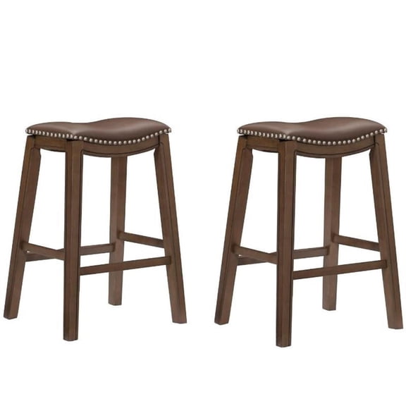 Home Square 2 Piece 29" Upholstered Faux Leather Saddle Bar Stool Set in Brown