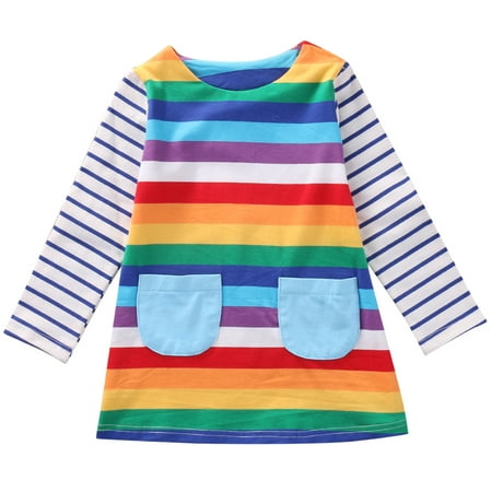 

One opening Spring Autumn Cute Baby Kids Girls Stripe Clothes Long Sleeve rainbow Dress Party Princess Dress
