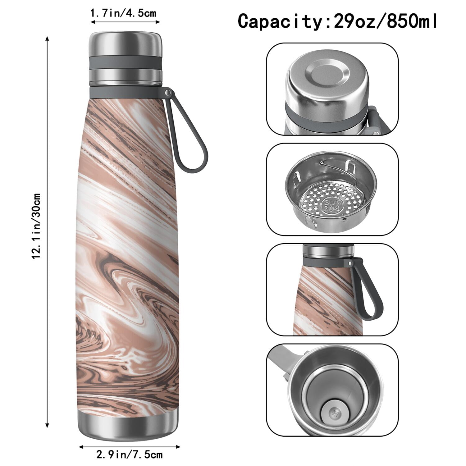 29oz Insulated Water Bottle with Tea Infuser, Stainless Steel Travel Mug, Liquid & Marble Print