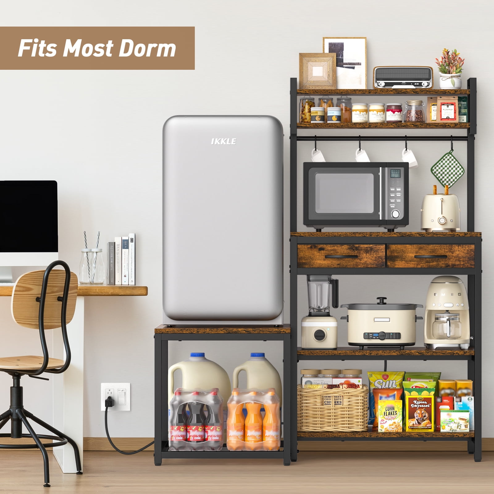 Baker's Rack with Power Strip and Mini Fridge Stand, Coffee Bar Storage Shelf with Side Table