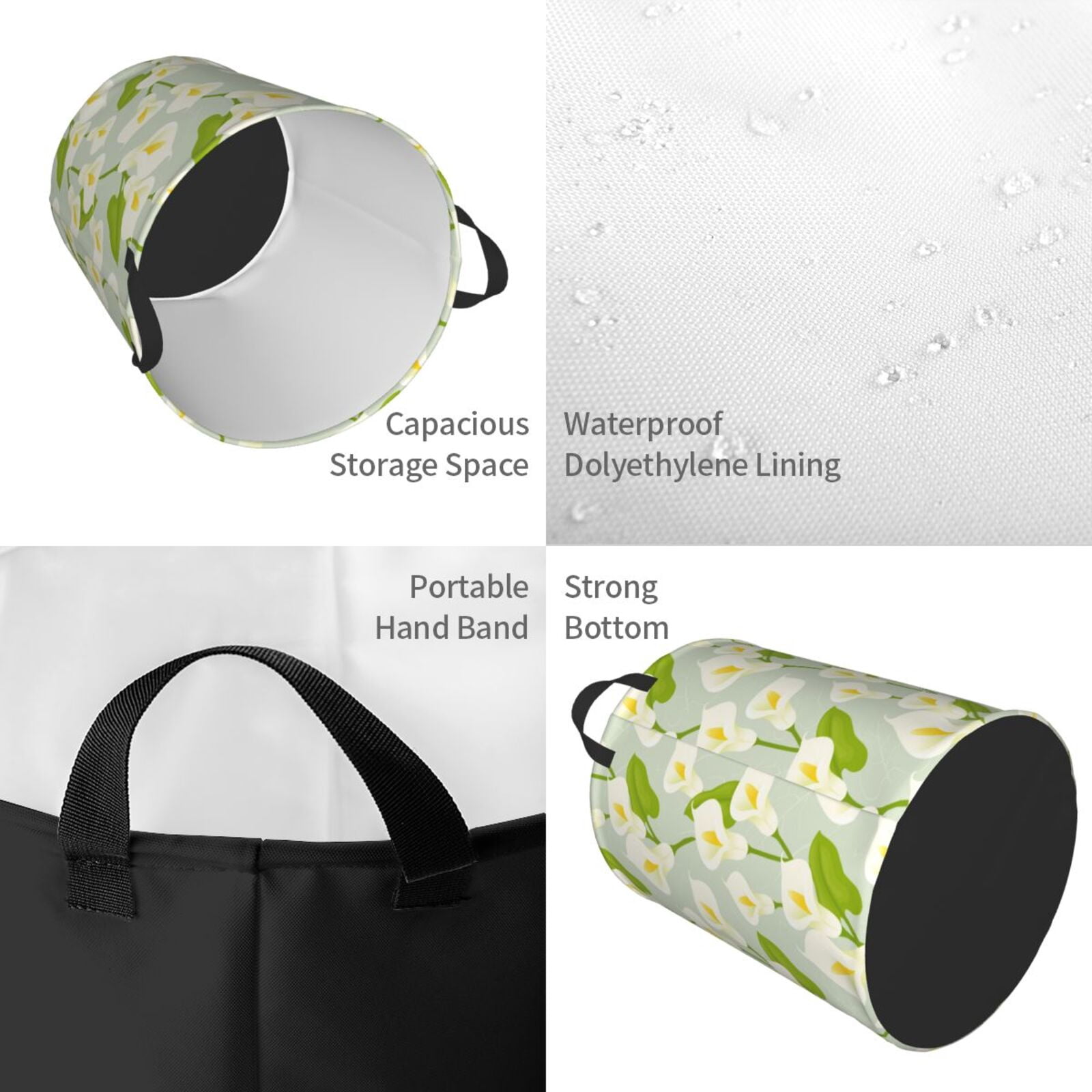 Large Laundry Basket with Handles - Calla Lily Flowers Light Green Kids Baby Dirty Clothes Laundry Hamper for Bedroom Aesthetic