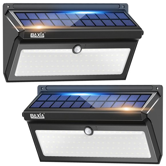 Baxia Technology Luces Solares Para Exteriores, Impermeables, 100 Luces Led Con Sensor De Movimiento Solar Con Gran Angular, Luces Solares De Seguridad Superbrillantes Para Jardín, Valla, Puerta Delan