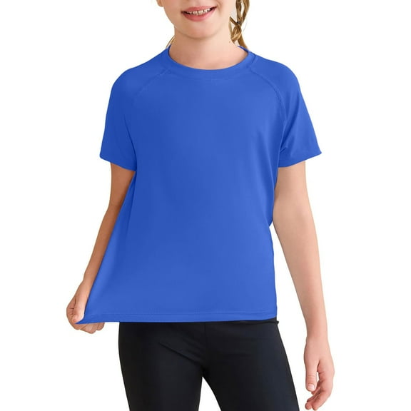 OIOLOYJM Shirts for Girls 2026 Casual Crewneck Short-Sleeve Quick Dry T-Shirts Spring Breathable Gym Athletic Lightweight Workout Pullover Tops Basic Clothes Royal Blue 4-5 Year