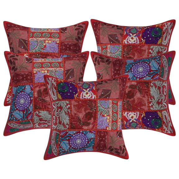 Stylo Culture Ethnic Cotton Decorative Throw Pillow Covers Red 12 x 12 Bohemian Vintage Patchwork Ethnic Sofa Cushion Covers 30x30 cm Home Decor Abstract Square Pillow Cases | Set Of 5