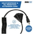 thumbnail image 4 of Iron Forge Cable SJEOW 3 Outlet Black Outdoor Coiled Extension Cord 22 ft 3 Way, 16/3, 13 Amp Oil Resistant & Flame Retardant 3 Prong Coiled Wire for Outdoor & Indoor, 4 of 7