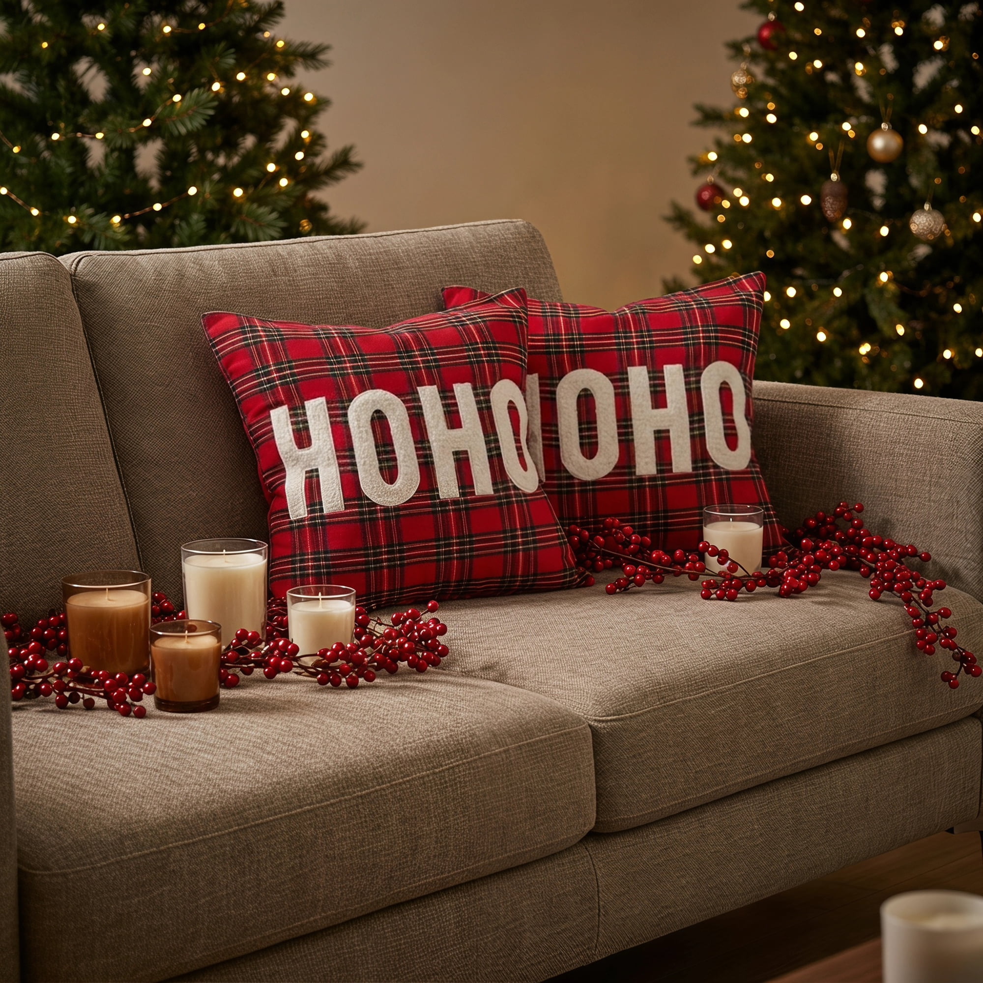 Unique Bargains Plaid Throw Pillow Covers Tartan Cushion Cases Red Plaid HoHoHo 18"x18"