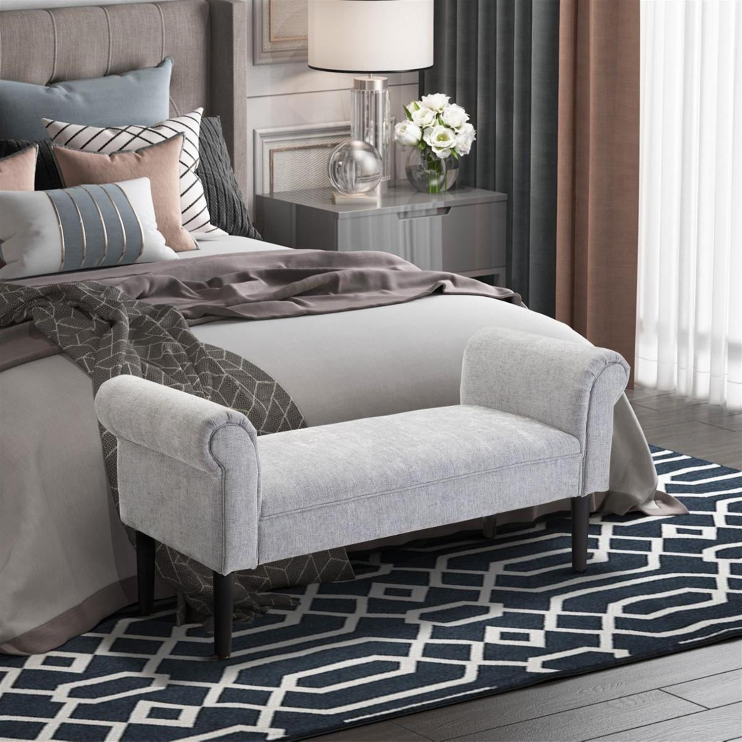 Demi Bonn 52" Upholstered Ottoman Bench with Armrests, Comfy Seating for Living Room Decor, Stylish Storage & Extra Seating Space, Gray