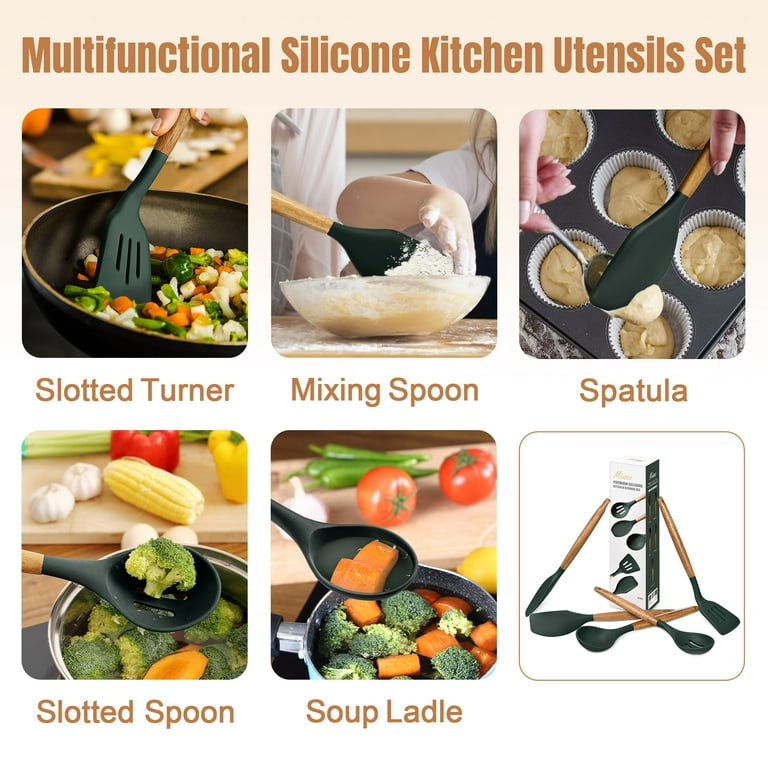 Miusco Non-Stick Silicone Kitchen Utensils Set with Natural Acacia Hard Wood  Handle, 5 Pieces, Grey, BPA Free, Baking, Serving and Cooking Utensils