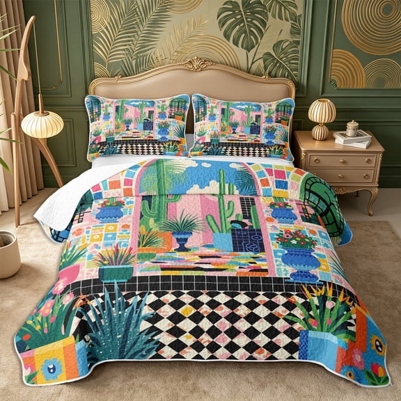 Castle Fairy Boho Tropical Courtyard Twin Quilt Set 2 Pieces,Geometric Mosaic Motif Twin Coverlet Set,Pink Teal Orange,1 Bedspread and 1 Pillowcase