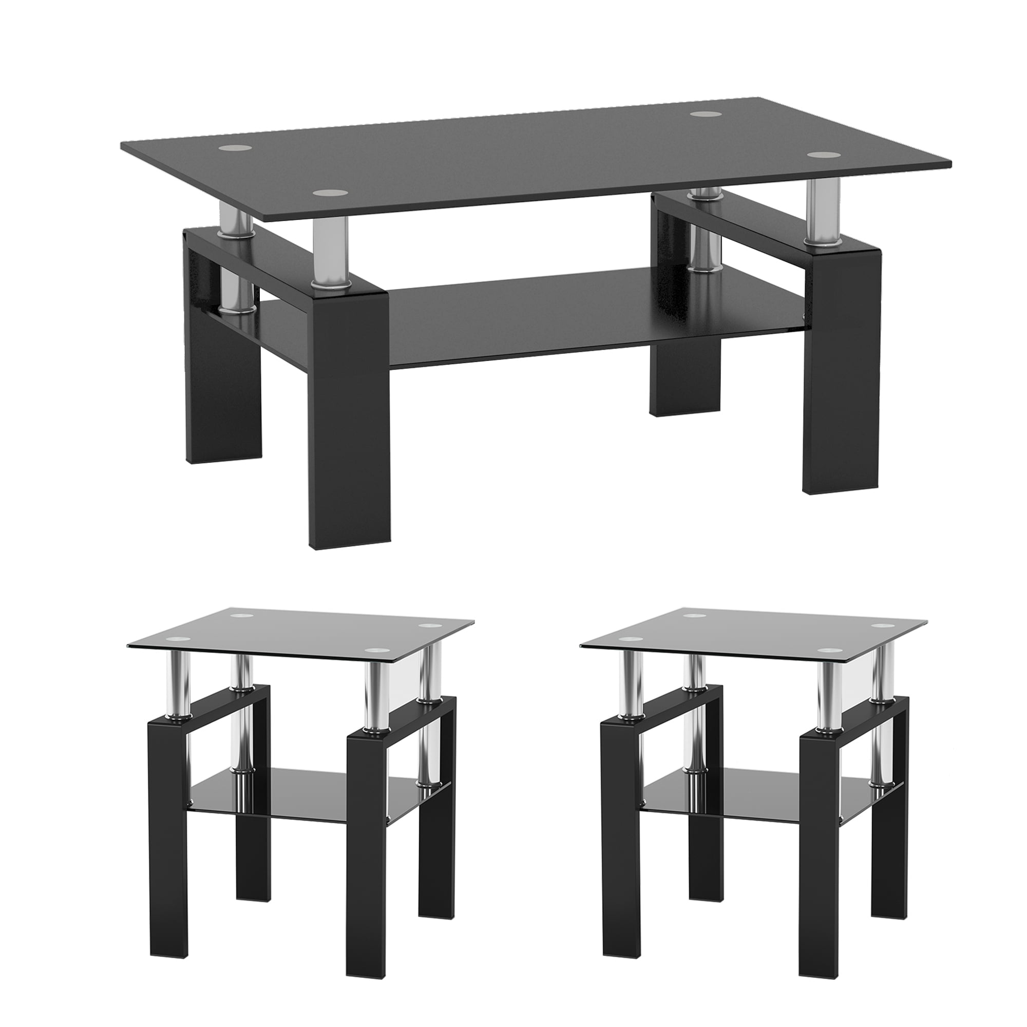 Modern Tempered Glass Coffee Table Set 3 Piece Living Room Table Set