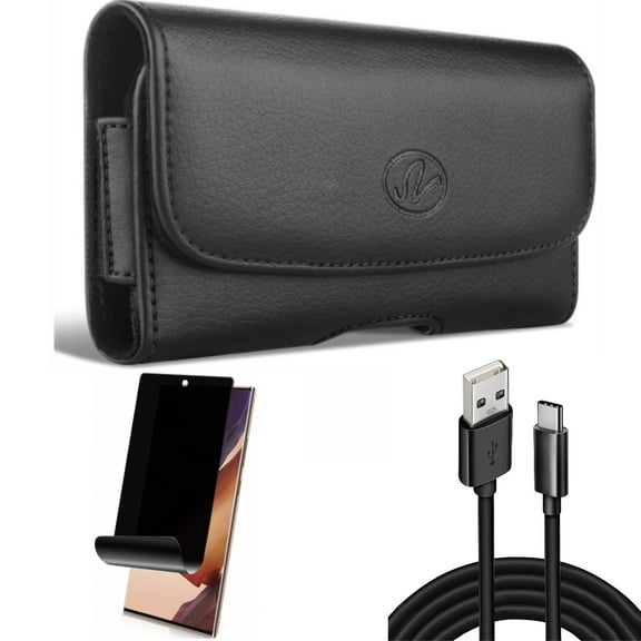 Privacy Screen Protector & 10ft USB Cable & Case Belt Clip for Samsung Galaxy Note 20 Ultra (6.9") - Combo with TPU Film Anti-Peep & Type-C Charger Cord & Leather Swivel