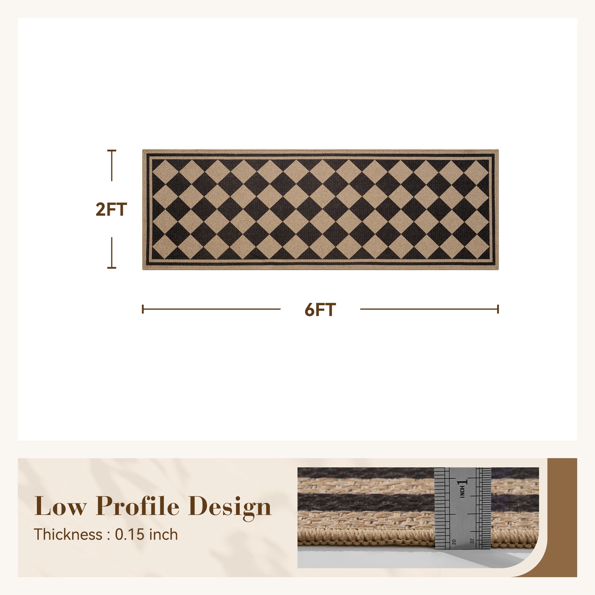 VUNATE Outdoor Rugs Carpet 2'x6' Jute Rug Boho Checkered Washable Patio Rug Distressed Modern Braided Area Rugs Black Indoor Outdoor Rugs for Living Room Entryway Laundry Balcony