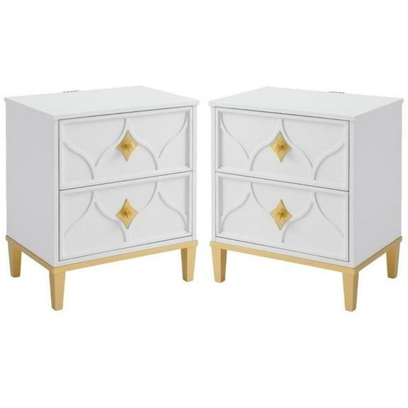 Home Square Emma 2 Drawer Nightstand in White and Gold - Set of 2