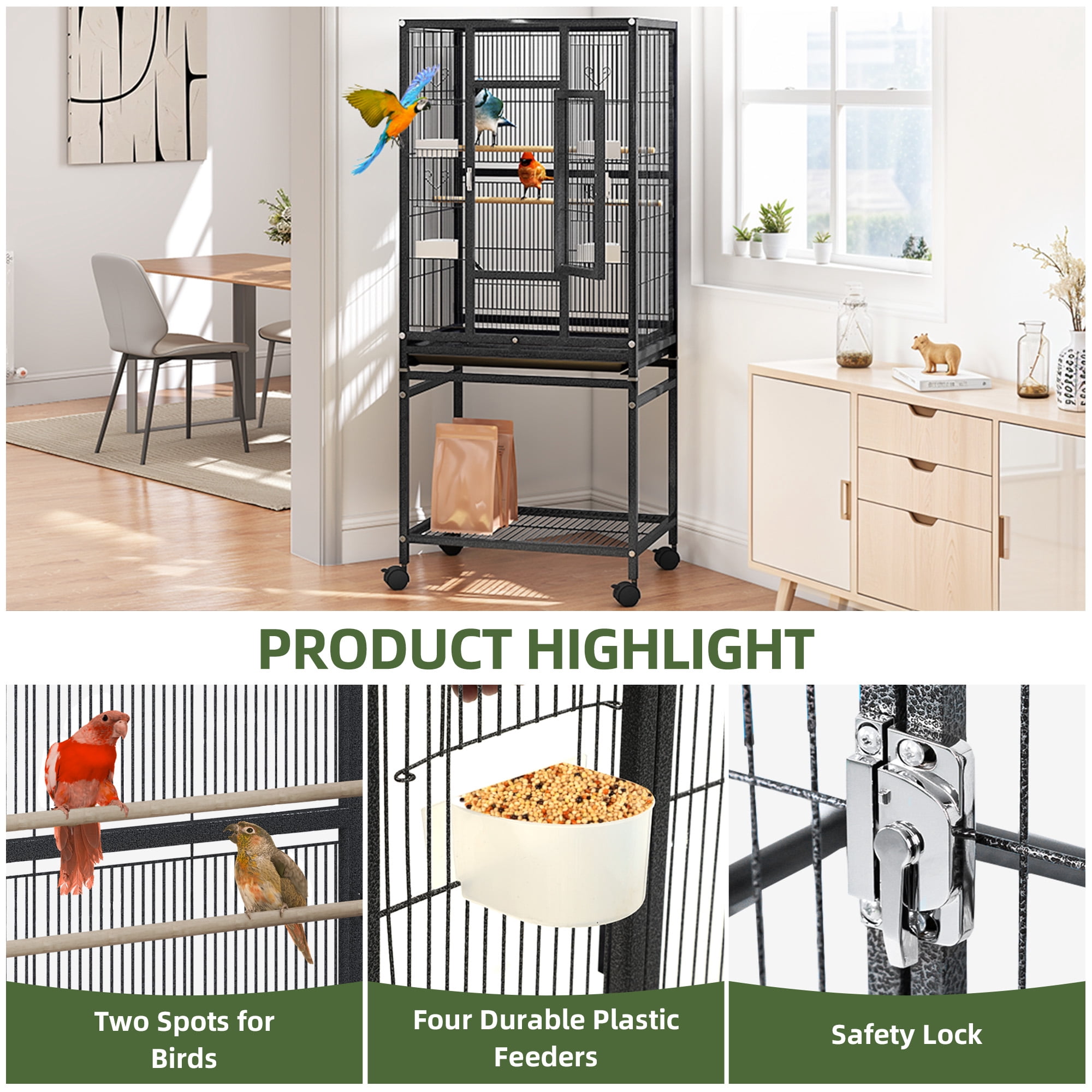 Uforic 53" Metal Bird cage with Rolling Stand, 2 Perches and 4 Feeders, Black
