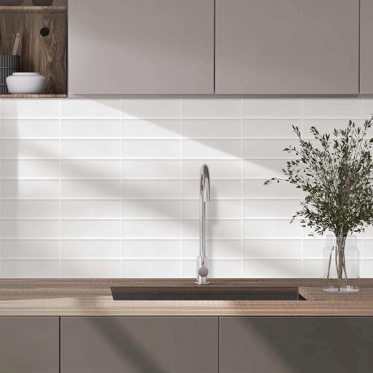 Clever Mosaics Self Adhesive Vinyl Tile Premium White Finger Tile Backsplash for Kitchen Bathroom (10 tiles)
