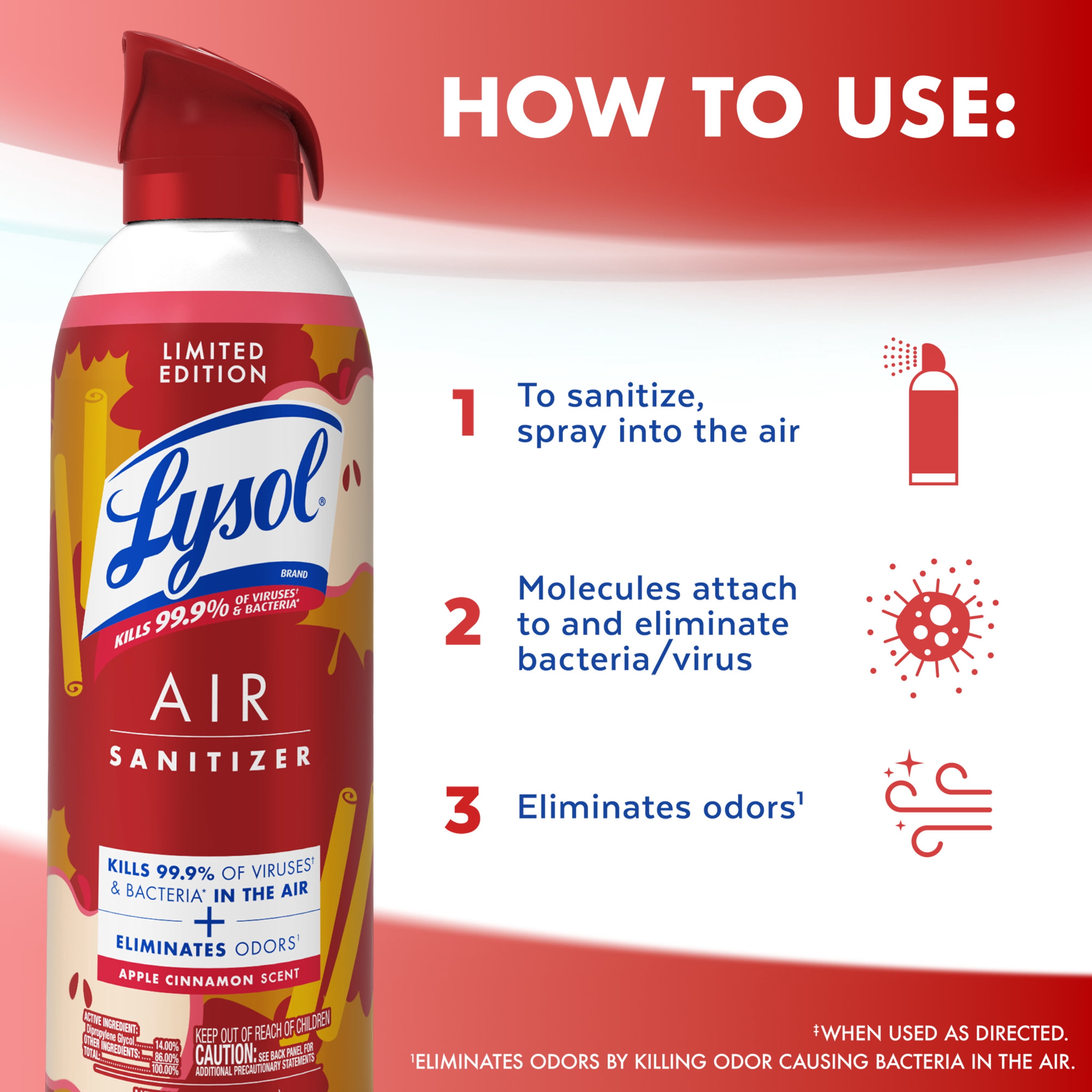 Lysol Air Sanitizer Spray, Bacterial Odor Elimination, Apple Cinnamon Scent, 10 oz