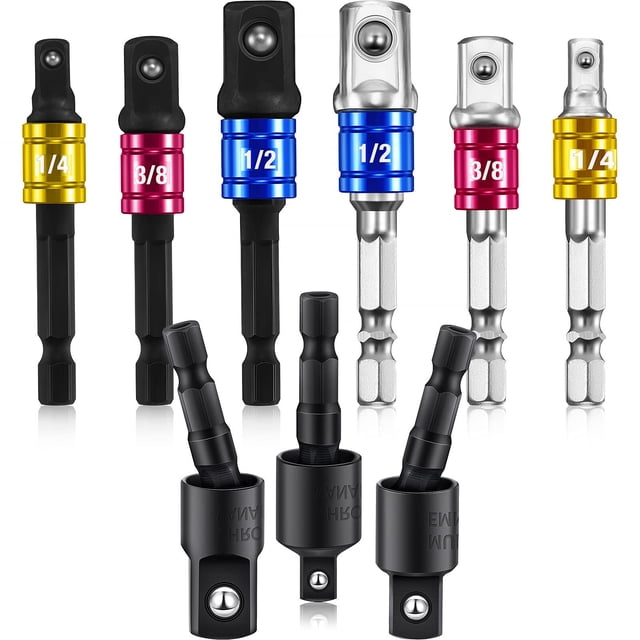 Yeacher 9 Pieces Drill Bit Sockets Adapter Extension Set Including 6 Pieces Hex Shank Socket Adapter Set 3 Pieces 360 Degree Rotatable Hex Shank Drill Adapters for Household Workplace