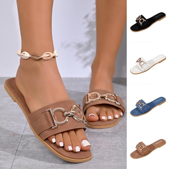 Eltusu Women Flat Slide Sandals, Open Toe Casual PU No Slip Summer Shoes Brown Size 9