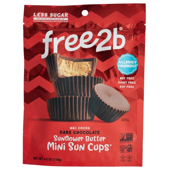 Free 2b Sunflower Butter ZS23 Mini Sun Cups, School Safe and Allergy Friendly - Gluten-Free, Dairy-Free, Nut-Free, and Soy-Free - Dark Chocolate, 4.2 oz Resealable Bag (Pack of 1)