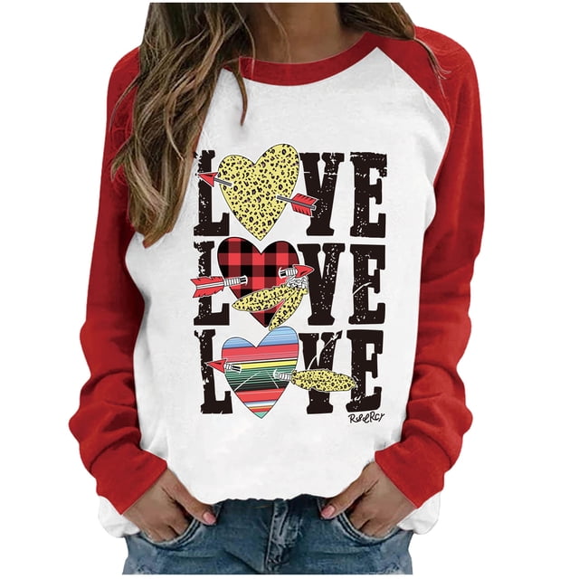 Qiopertar Imprimé de la Saint-Valentin pour Femmes Mode Décontractée Col Rond Manches Longues Pull Chandail en Molleton Haut Chemisier Liquidation Livraison Gratuite à Moins de 5$ jusqu'à 90 % de Réduction