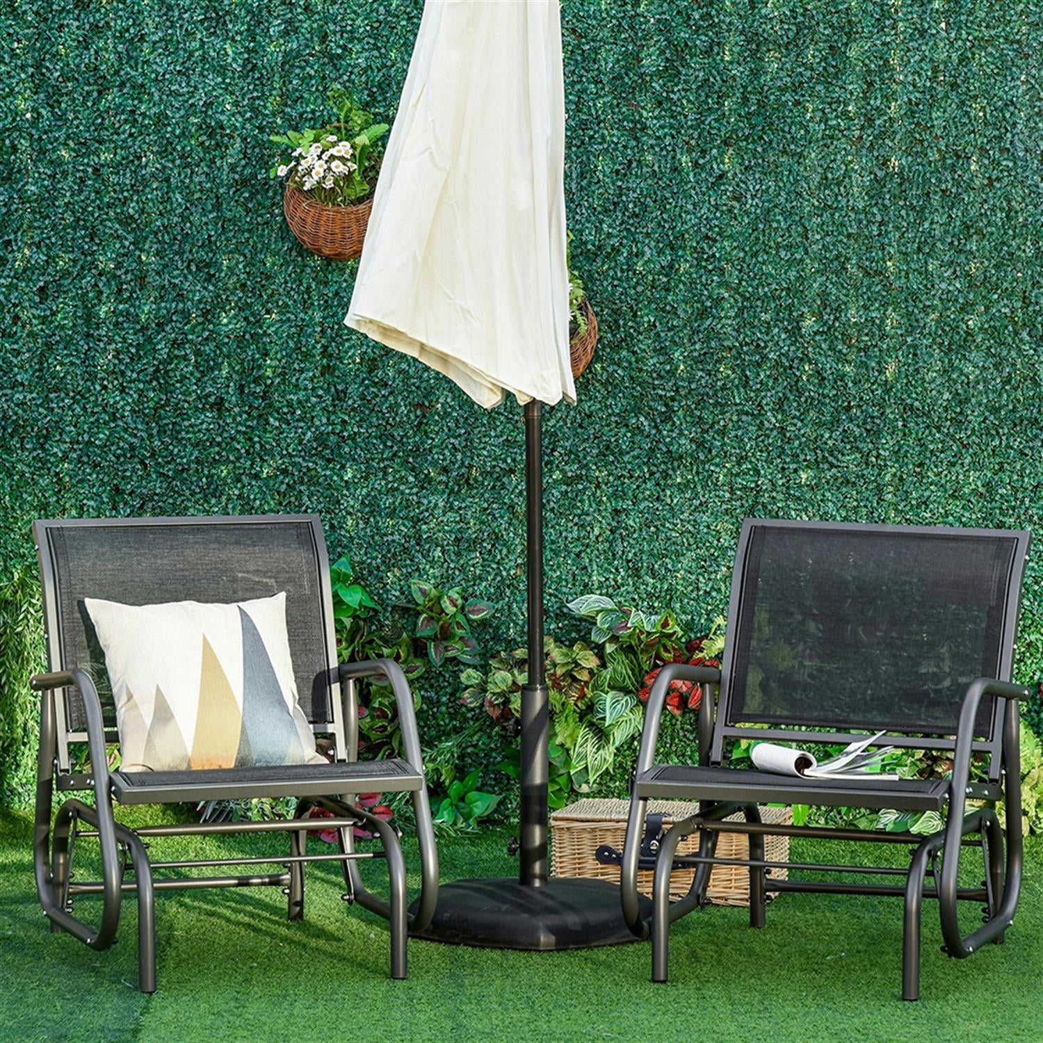 Demi Bonn 2-Piece Outdoor Glider Chairs, Swing Rocking Chair Set with Breathable Mesh Fabric, Sturdy Durable Frame, Curved Armrests for Backyard, Garden, Porch, Black