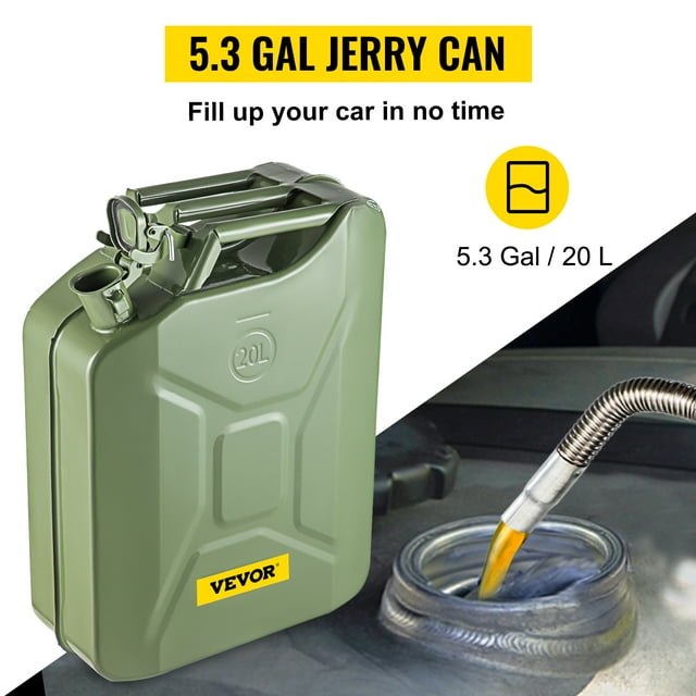 VEVOR Bidón de Combustible Jerry, Bidón de Gas Jerry Portátil de 5,3 Galones / 20 L con Sistema de Boquilla Flexible, Tanque de Combustible de Acero Inoxidable y Resistente al Calor