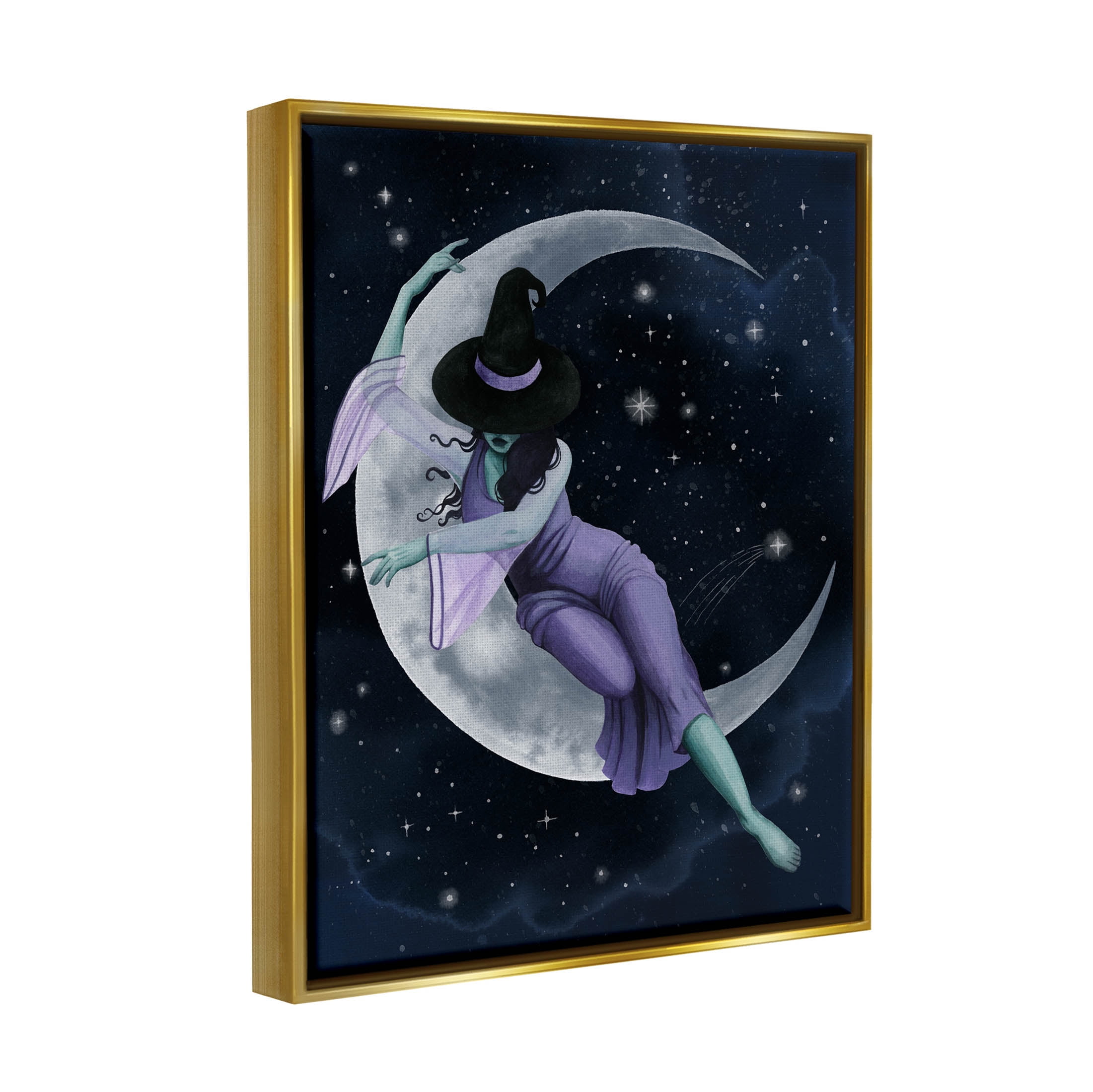 Stupell Industries Moon Witch Starry Night Sky Painting Metallic Gold Floating Framed Canvas Print Wall Art, Design by Grace Popp