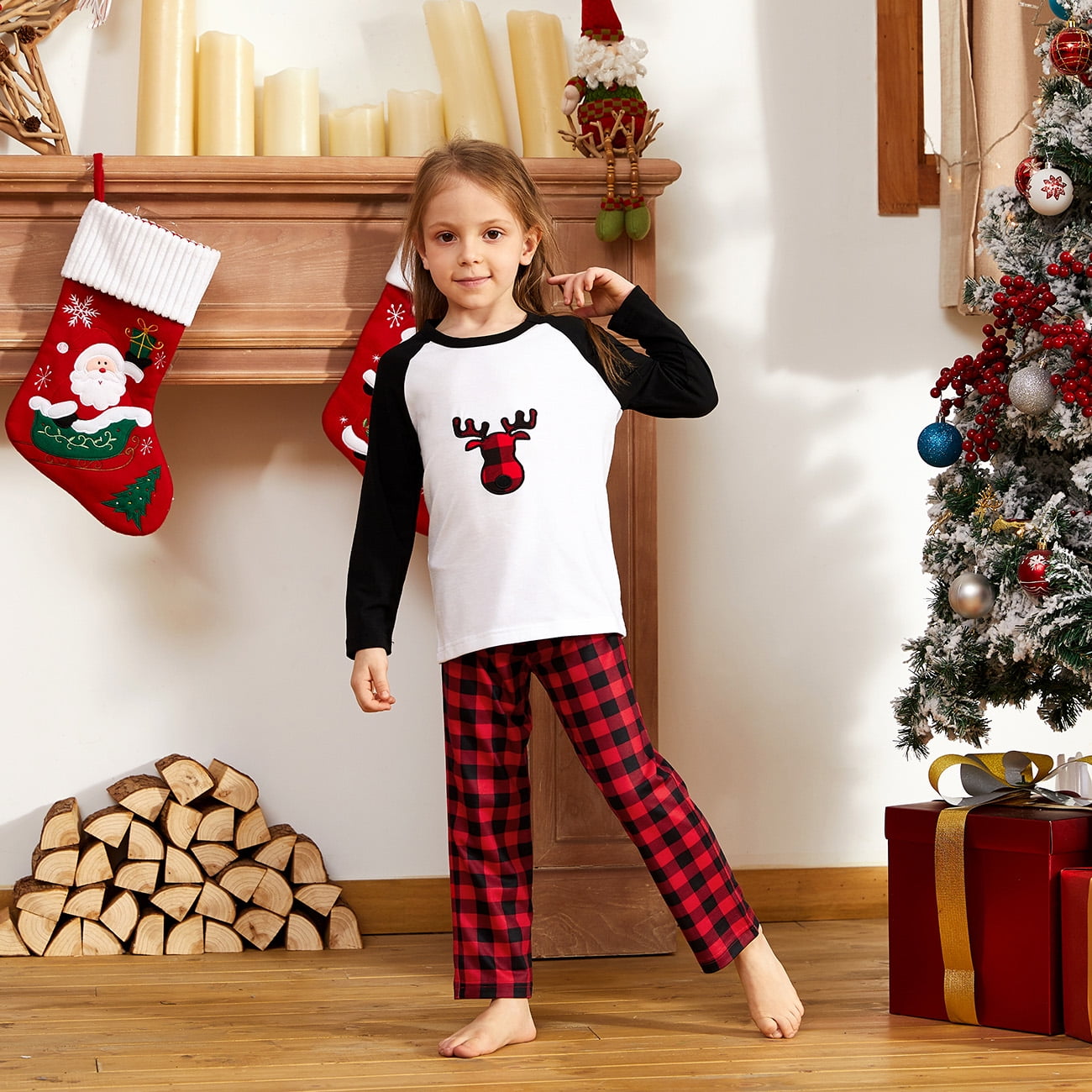 Christmas Santa on Sleigh with Reindeer Print Family Matching Long-sleeve Pajamas Sets (Flame Resistant)