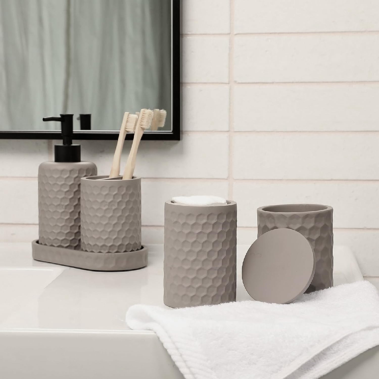 6 Piece Bathroom Accessories Set, Toothbrush Holder, Toothbrush Cup, Soap Dispenser,Bathroom Vanity Tray, Qtip Holder, Trash Can - Cement
