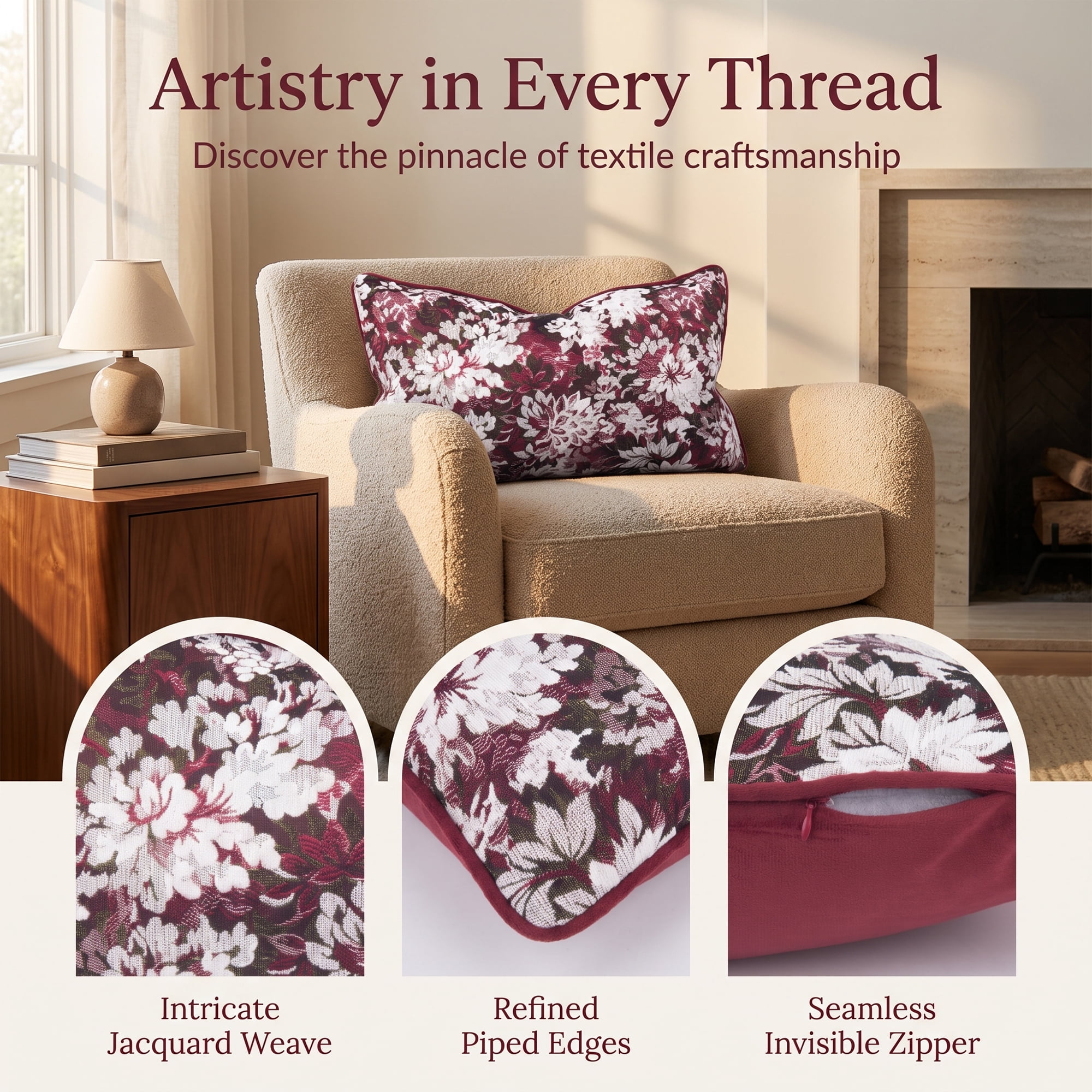 Unique Bargains Floral Throw Pillow Cover with Piped Edge Decor Cushion Case Red 20" x 12"