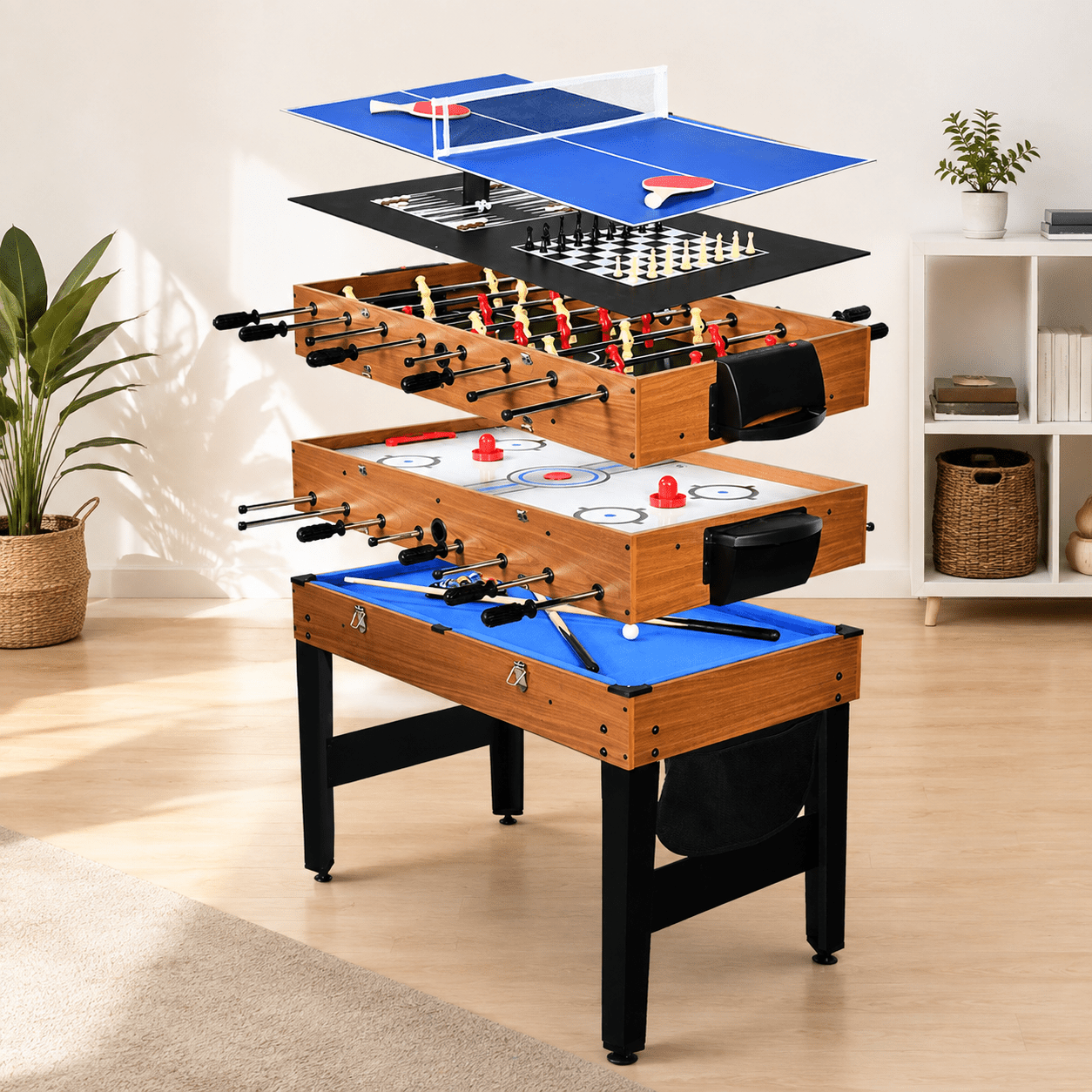 7-in-1 Multi-Game Table, Combo Game Table w/ Air Hockey, Billiards, Foosball, Ping Pong, Shuffleboard, Chess and Backgammon