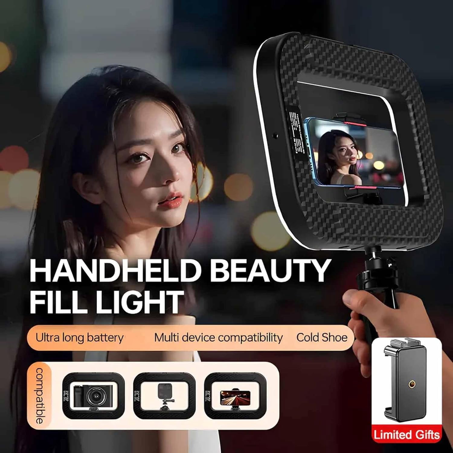 Rechargeable Selfie Portable Ring Light–Adjustable Bicolor Fill Light with Cordless Square Design & 4000mah Battery Phone Video Stabilizer for iPhone A