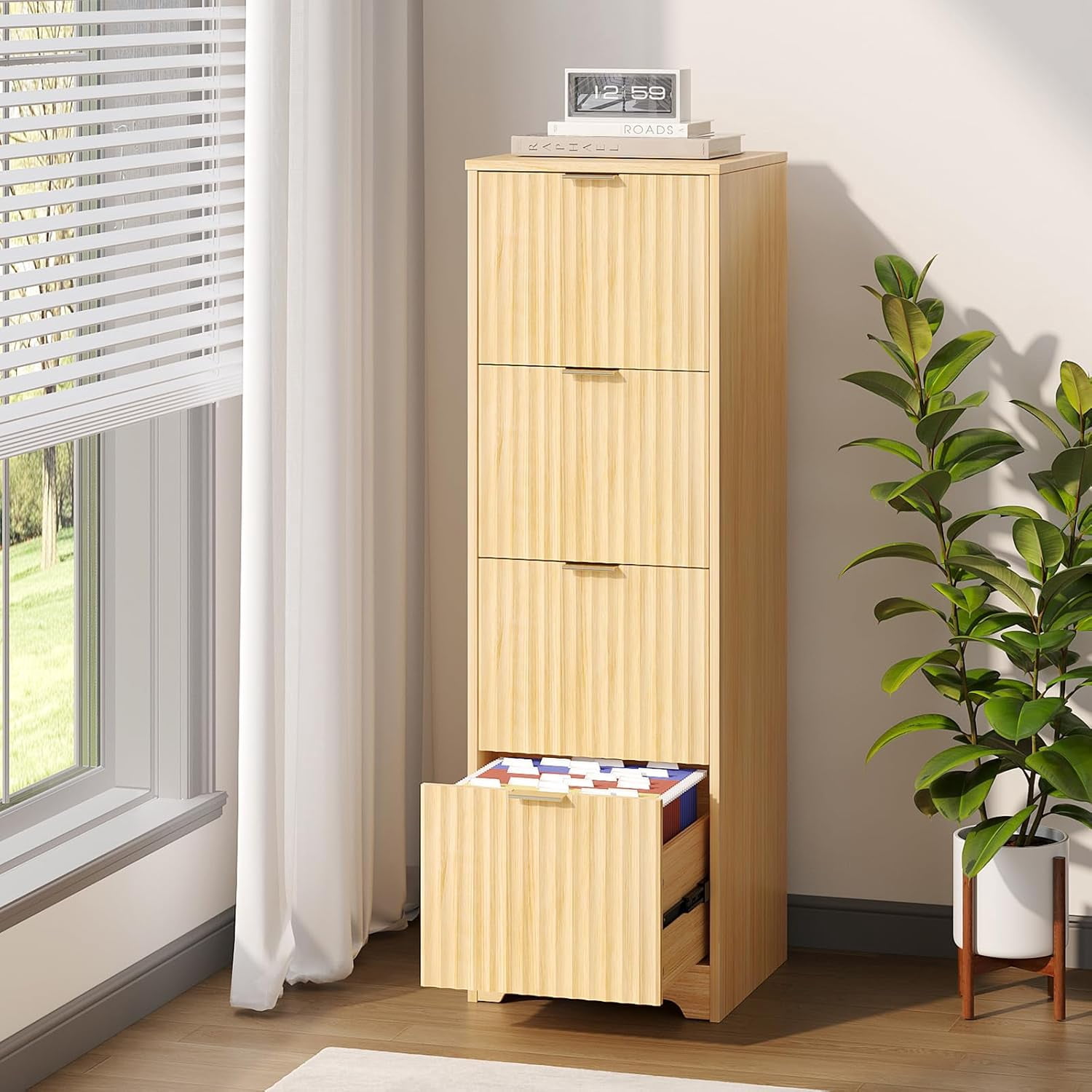 Ktaxon Tall 4-Drawer Wood File Cabinet Vertical Filing Cabinet for Letter A4-Sized Files Easy to Assemble, Modern Style Fluted Design Wood