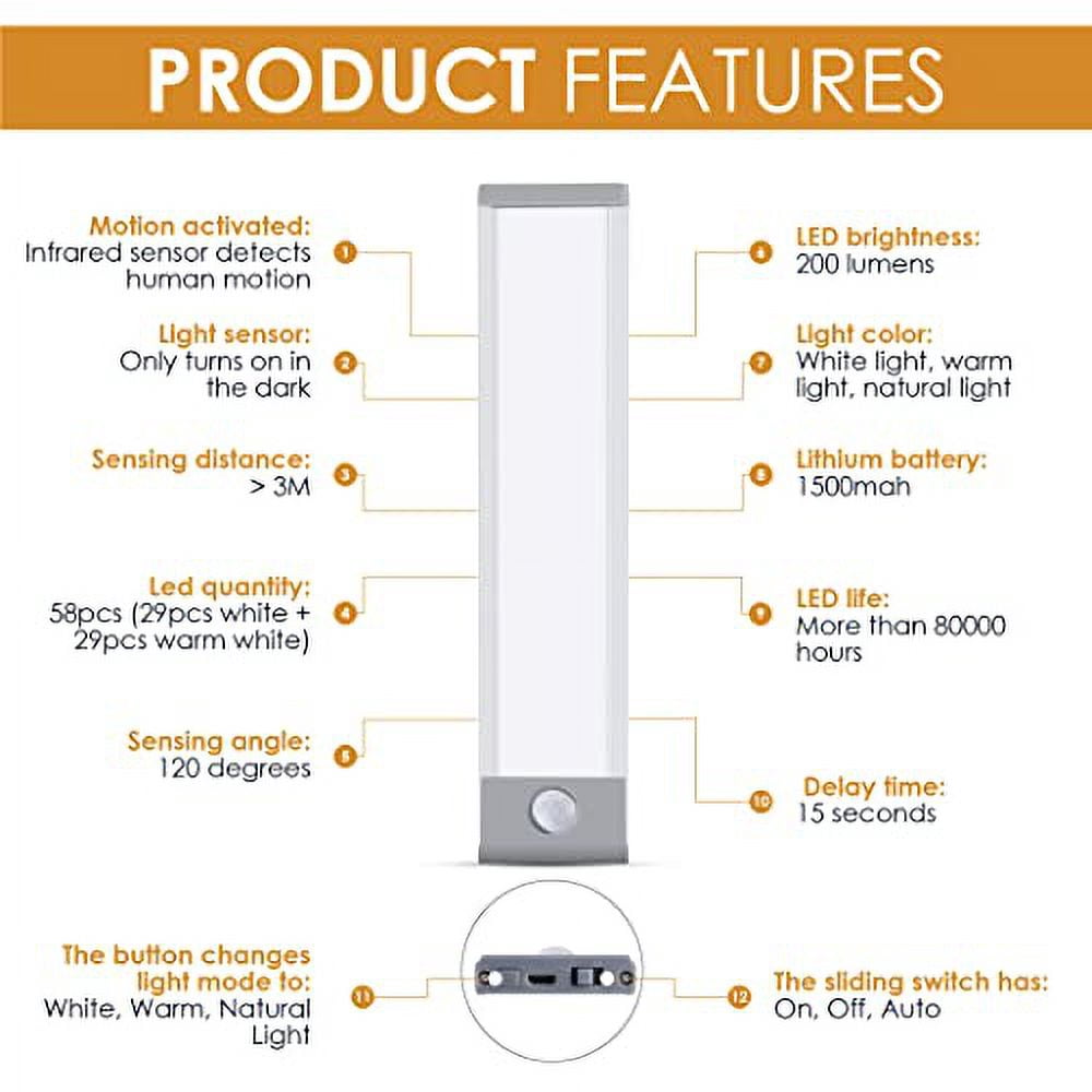 VYANLIGHT 58-LED Motion Sensor Cabinet Lighting, USB Rechargeable Wireless Closet Light, Warm and Natural White, 1500mAh, 2 Pack