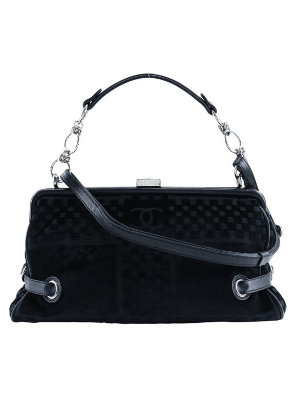 Pre-Owned Chanel Vintage Cc Side Belted Bowler Check Embossed Velvet Black Velvet Handbag