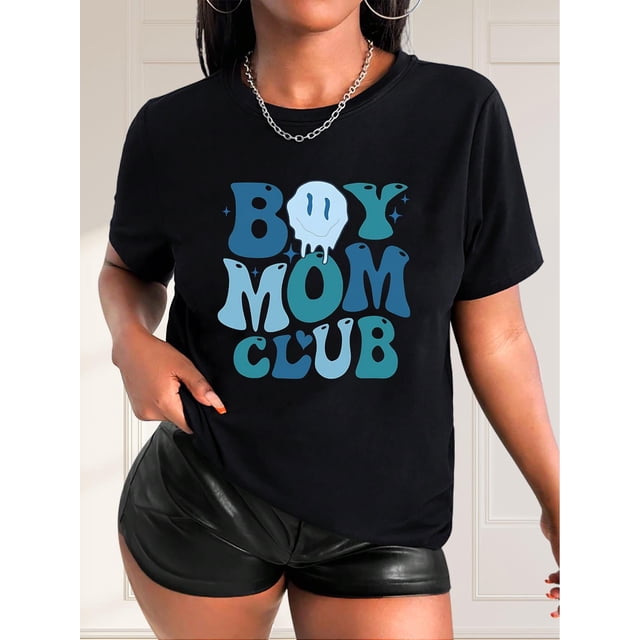Camiseta de verano para mujer con Cuello RedondoVibrant Alphabet, Chic Blue Ombre Letter Print Women's T-Shirt - Casual Crew Neck, Short Sleeve, Breathable Polyester, Machine Washable - Perfect for