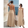 thumbnail image 5 of Women's V-Neck Sleeveless Backless Maxi Solid Suspender Robe Dress for Party Summer Khaki S, 5 of 9