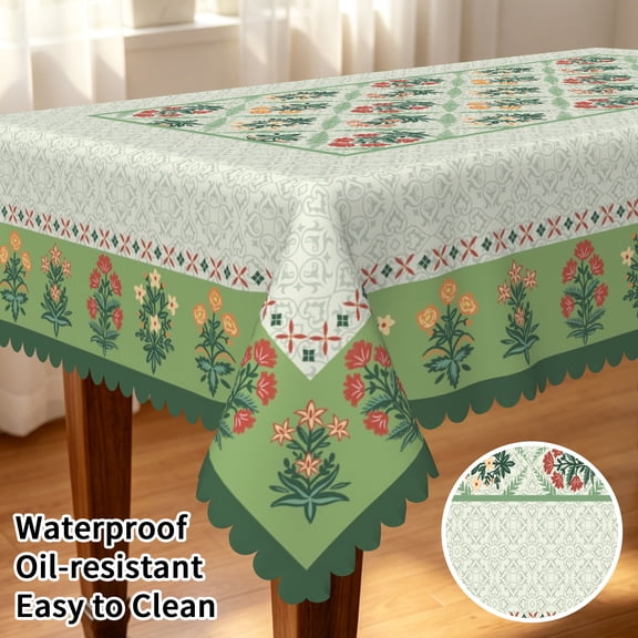 Tchckioa Vintage Green Floral Tablecloth,Oil-resistant Table Cover for Kitchen Decor,52x70 Inch,Rectangle