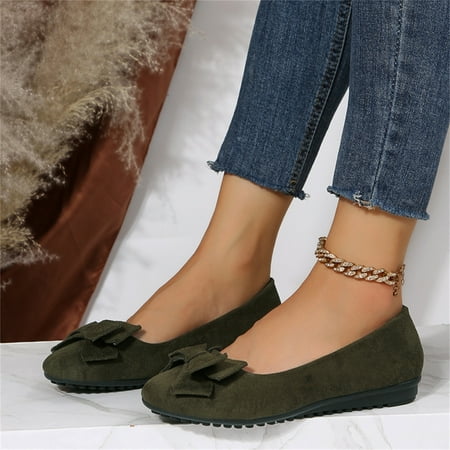 

ERTUTUYI Ladies Fashion Solid Color Flock Bow Round Toe Comfortable Flat Casual Shoes Army Green 39